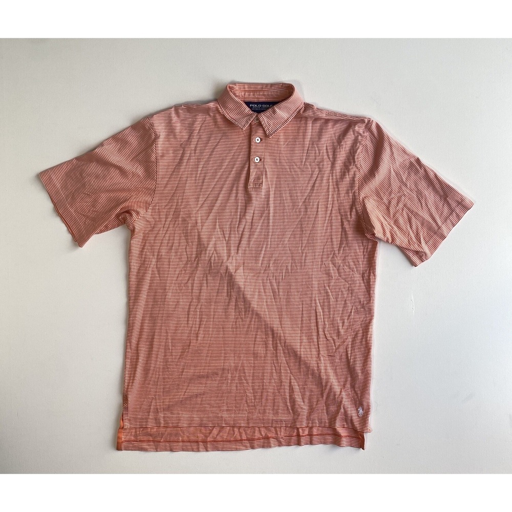 Polo Ralph Lauren Golf VTG Men Medium Orange White Striped Pima Cotton Polo